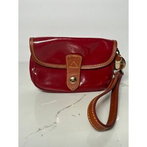 Dooney & Bourke Red Patent Leather Wristlet‎ Tan Trim Duck Charm Clutch Bag